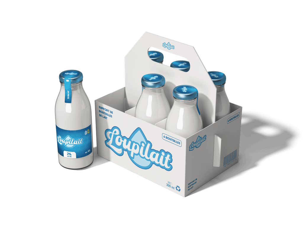 Identité visuelle et Design d'emballage pour Loupilait mockup pack lait sf